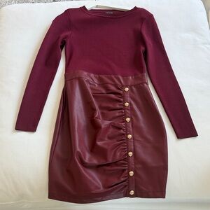 Karen Millen Burgundy Long Sleeve Knit and Faux Leather Dress